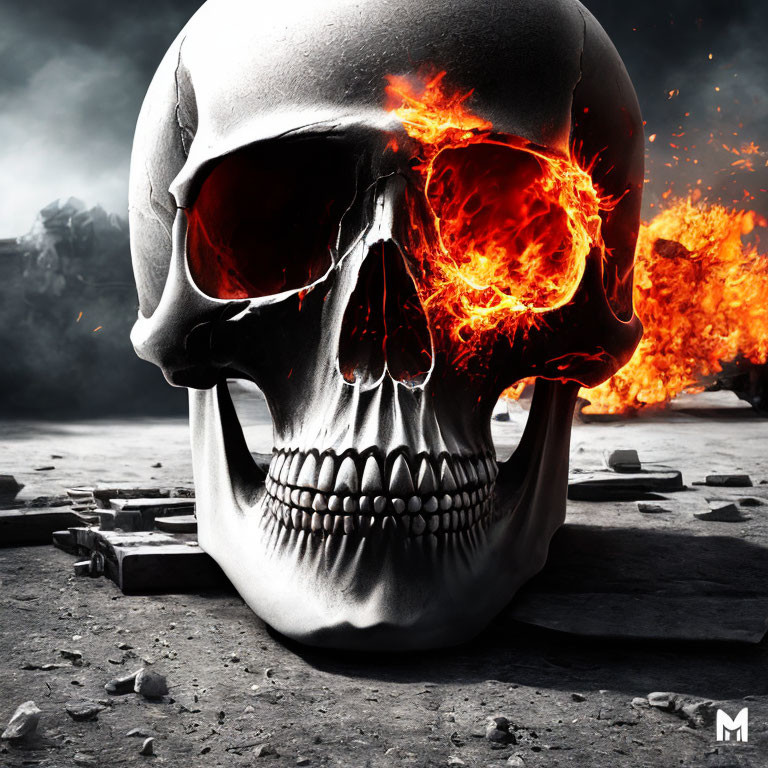 Glowing-eyed fiery skull in dark, smoky ruins