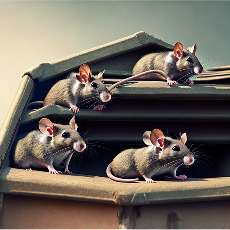 Four mice on accordion-fold structure against muted background