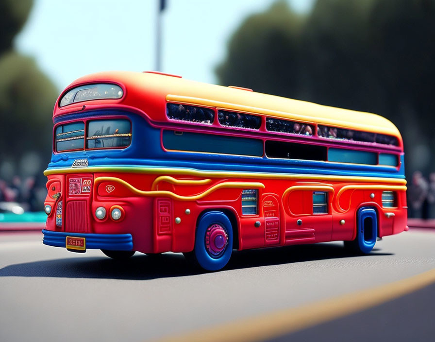 Colorful Double-Decker Bus Toy on Smooth Surface with Trees