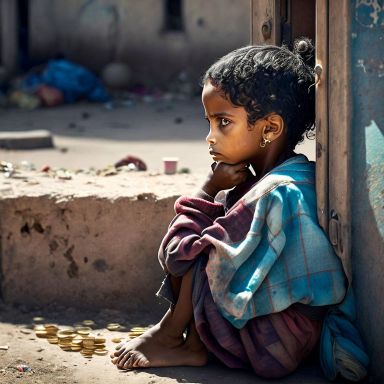 Reflective young child with curly hair in impoverished setting.