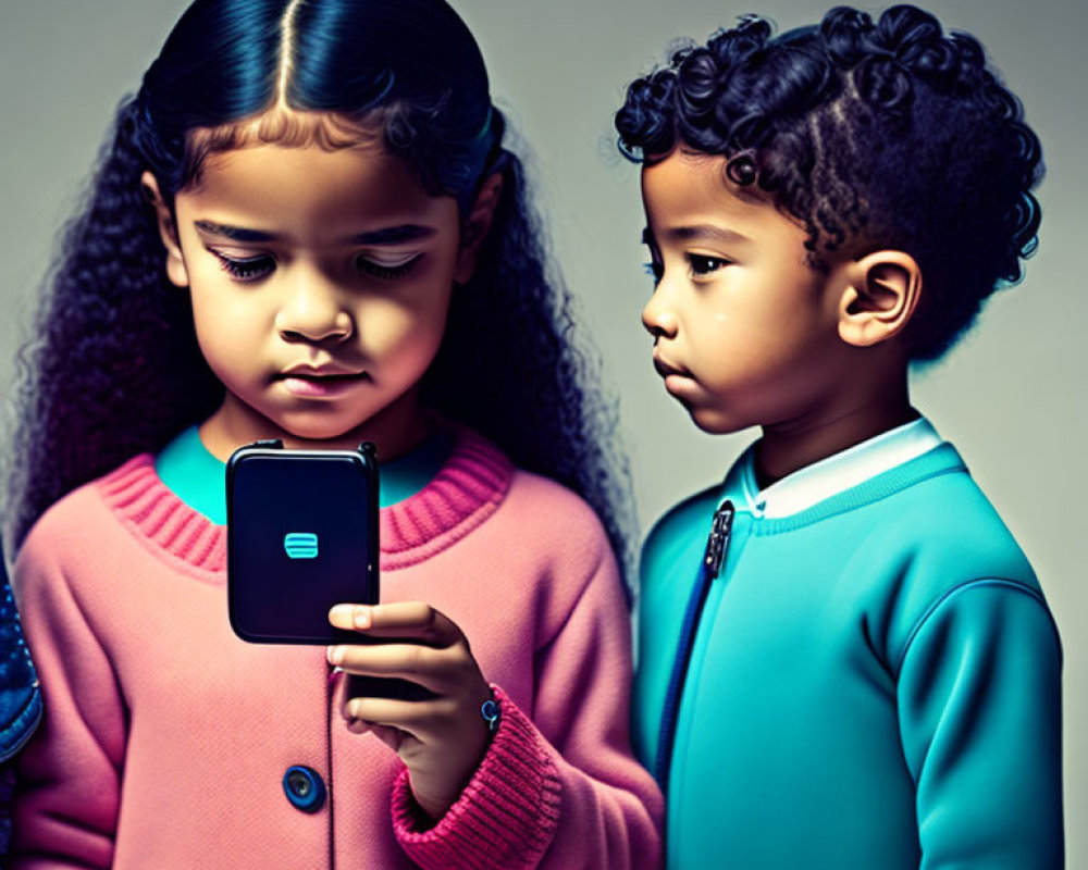 Children with stylized features focus on smartphone in pink cardigan.