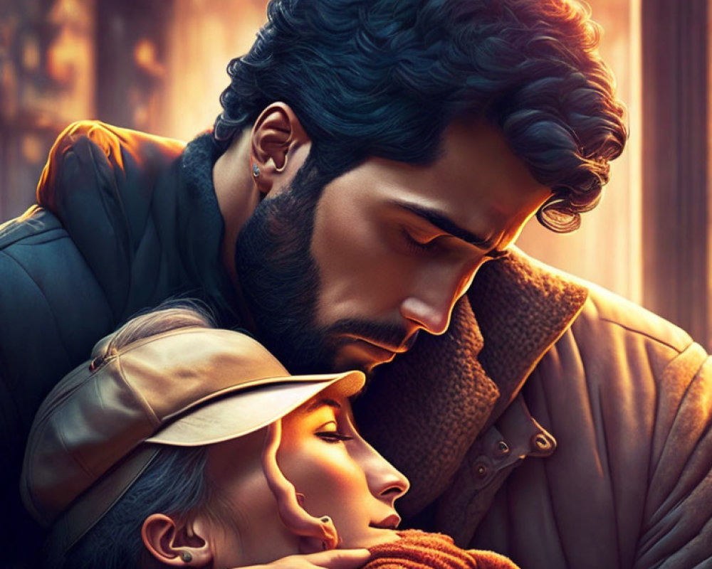 Digital illustration of man and woman embracing in thoughtful pose