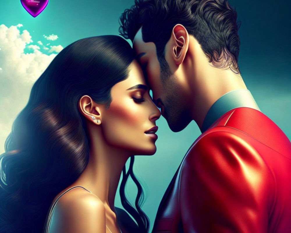 Romantic couple digital illustration with purple heart symbol and blue sky