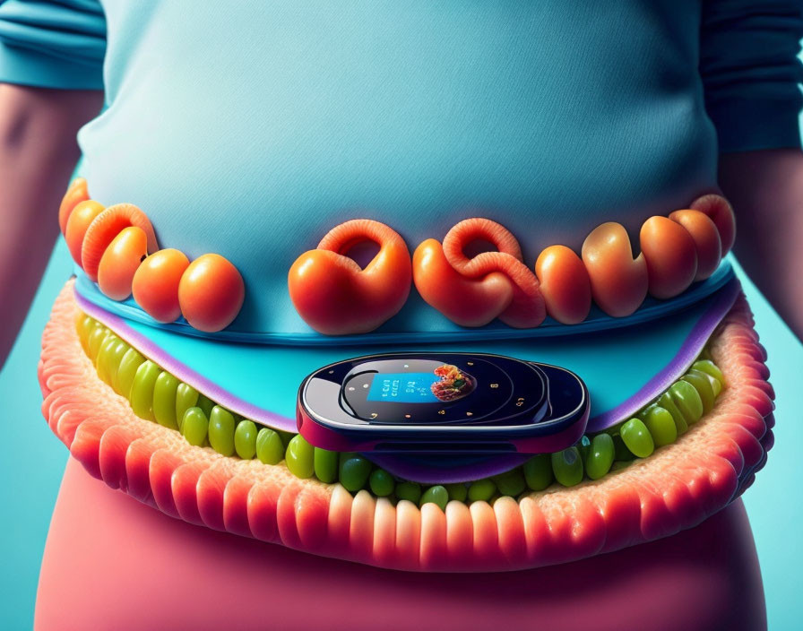 Stylized torso with smartwatch among fruit and candy layers for fitness and nutrition.
