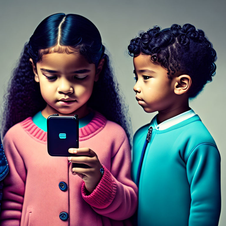 Children with stylized features focus on smartphone in pink cardigan.