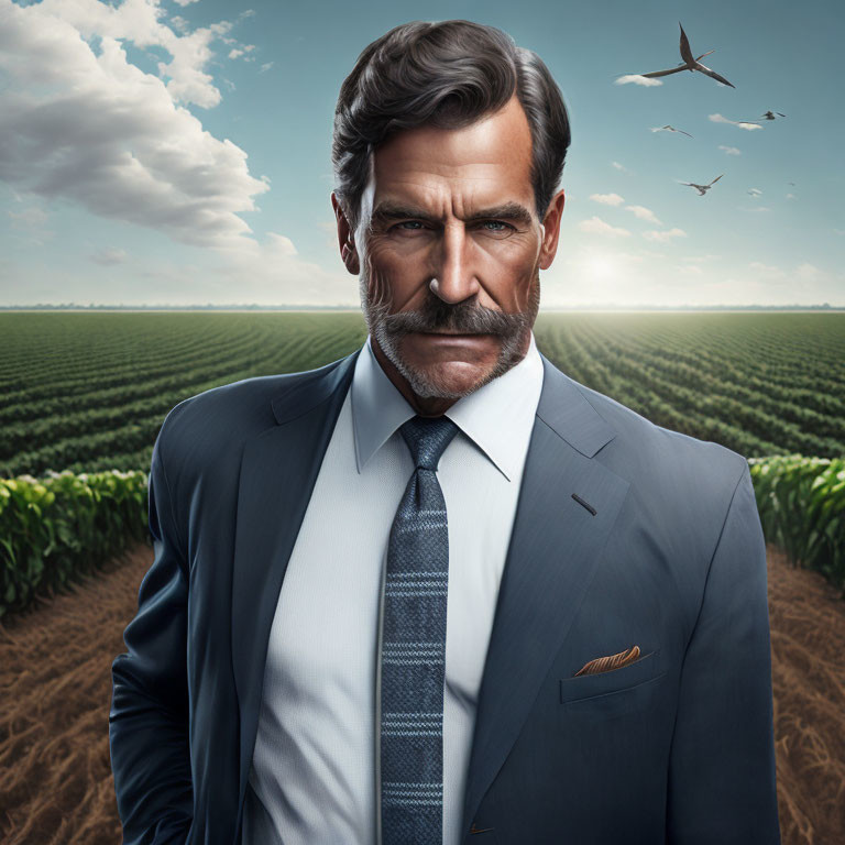 Serious man in suit with thick mustache in field with flying birds