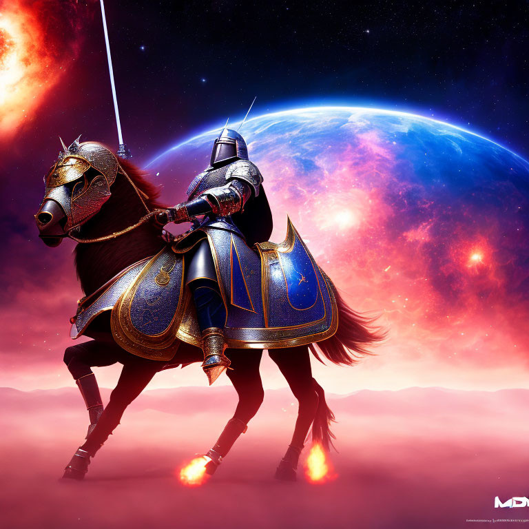 Ornate Blue Armored Knight on Horse with Sword in Cosmic Setting