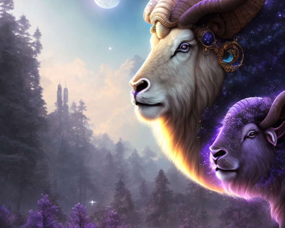 Two cosmic ram heads over purple forest with castle and full moon