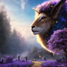Two cosmic ram heads over purple forest with castle and full moon