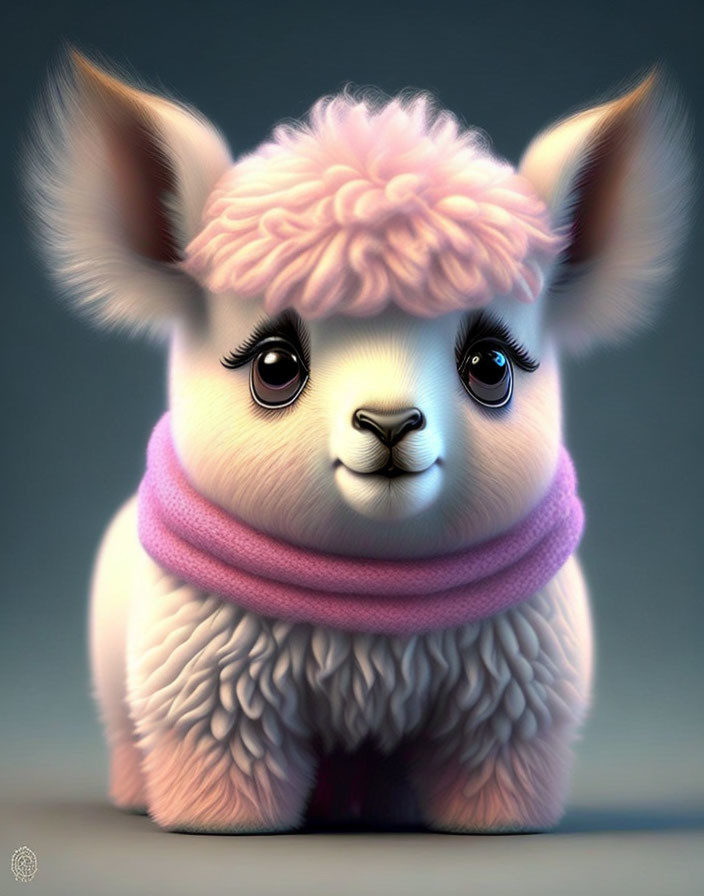 Fluffy alpaca with big eyes and pink scarf
