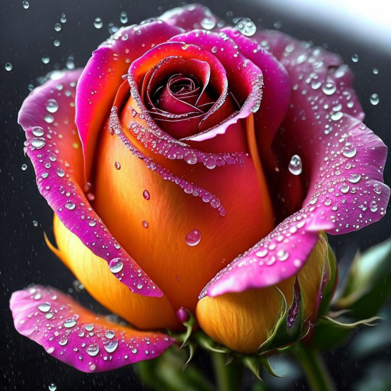 Vibrant rose with pink-tipped petals and water droplets on dark background