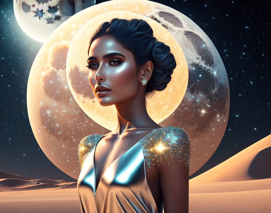 Stylized woman in elegant attire against moonscape and starry sky