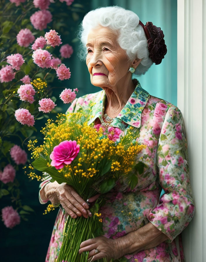 Elderly lady with white hair holding yellow flowers by window.