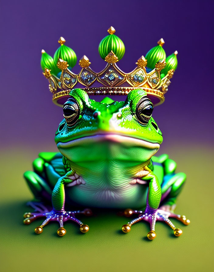 Vivid green frog with golden crown on purple background