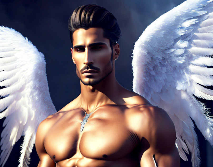 Muscular male figure with angel wings and dark hair under dramatic lighting
