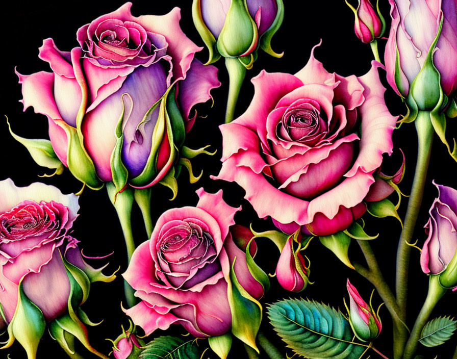 Pink and Purple Roses Blooming on Dark Background