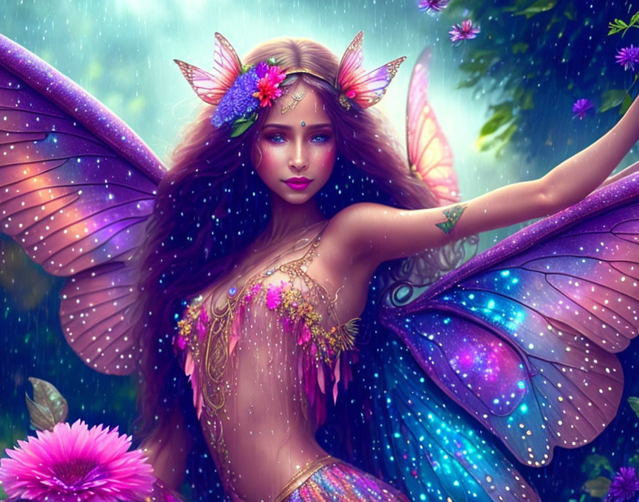 Illustrated female fairy with butterfly wings in floral setting