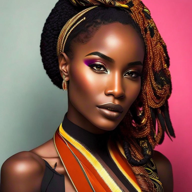 Portrait of woman with dark skin, braided updo, headwrap, purple eyeshadow,