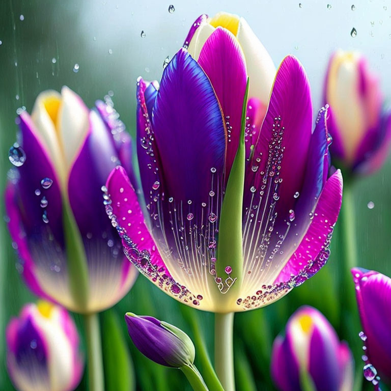 Vibrant purple and yellow tulips with raindrops on petals.