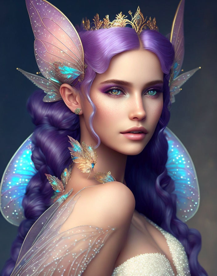 Digital Artwork: Fairy with Blue and Purple Hair, Translucent Wings, Crown