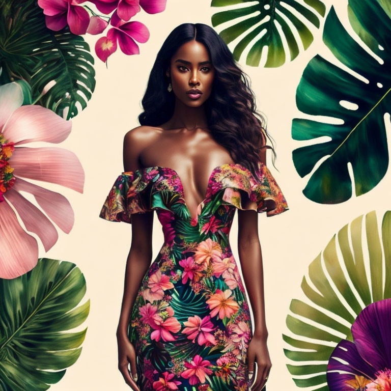 Woman in floral dress surrounded by lush tropical leaves and vibrant pink flowers