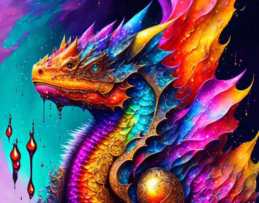 Colorful mythical dragon illustration with fiery hues and intricate details.
