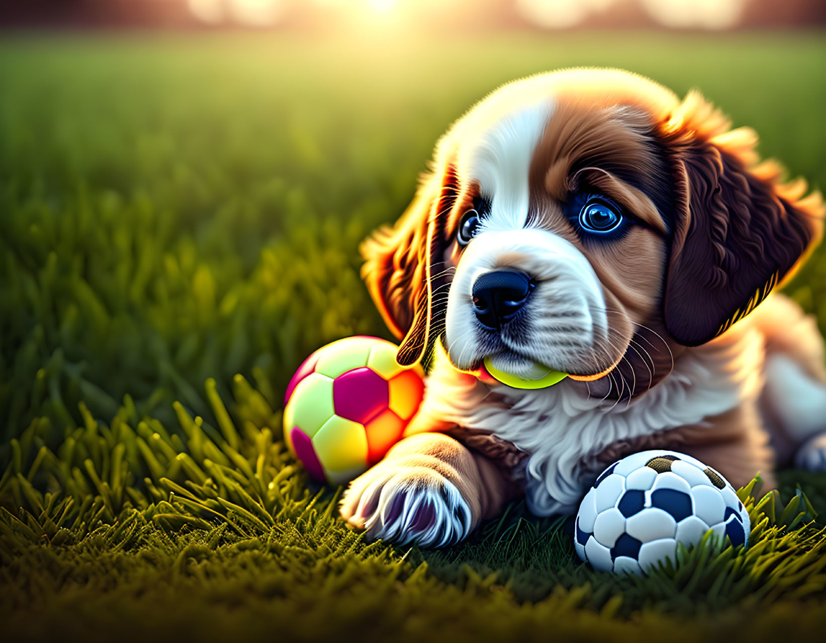 Brown and White Puppy in Grass with Soccer Balls and Sunlight