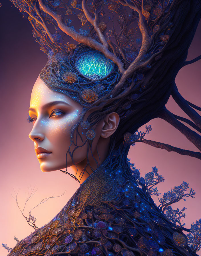Fantasy woman with tree branches and glowing orbs on warm backdrop
