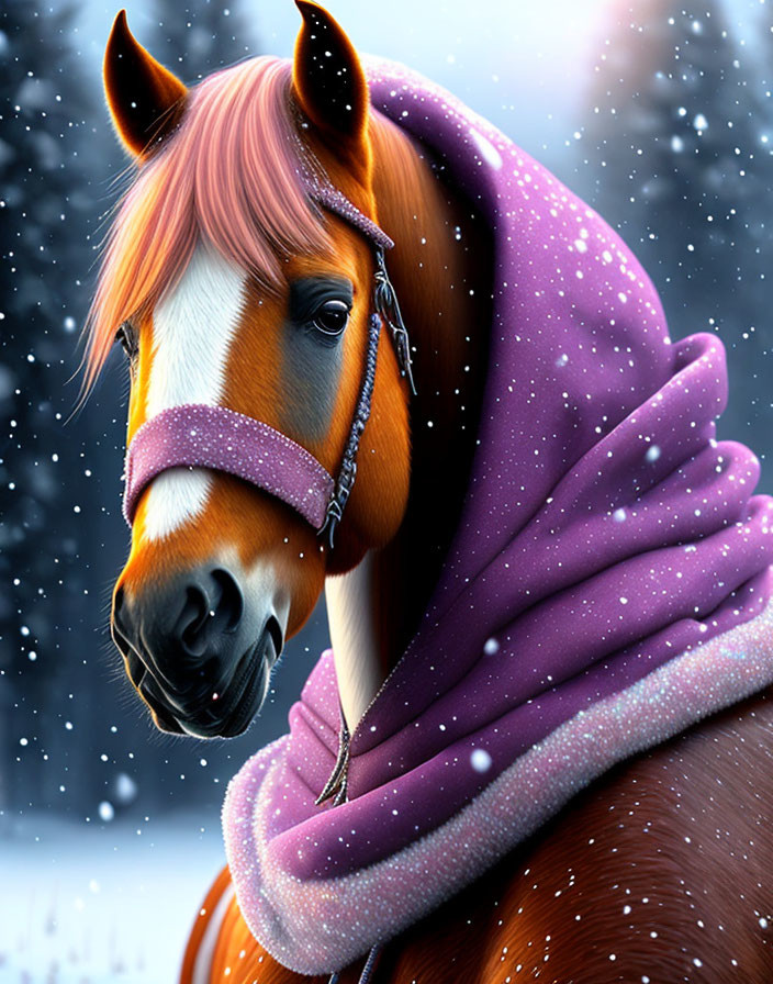 Brown Horse with Pink Bridle and Snowflake Blanket in Snowy Scene