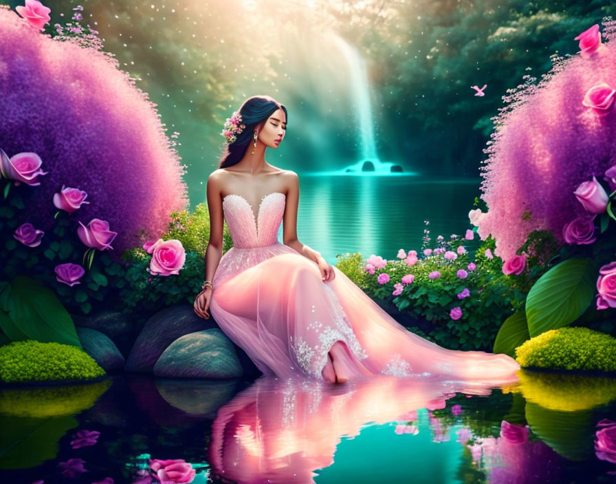Woman in Pink Gown Sitting by Pond with Waterfall