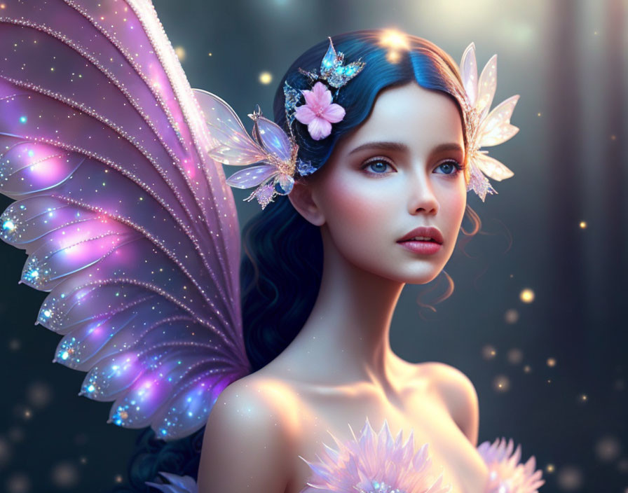 Mystical fairy with luminescent wings and blue hair in enchanted setting