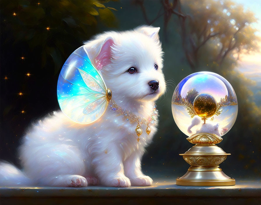 White fluffy puppy with iridescent wings and crystal ball in magical setting