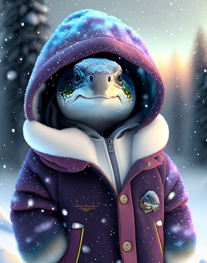 Anthropomorphized frog in winter coat with snowy landscape