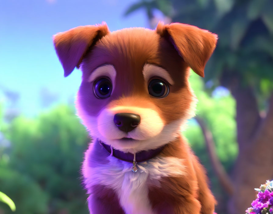 Brown and White 3D Animated Puppy with Purple Collar in Natural Setting