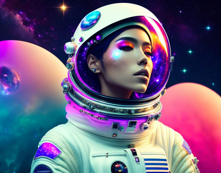 Digital Artwork: Woman Astronaut with Galaxy Helmet & Colorful Planets