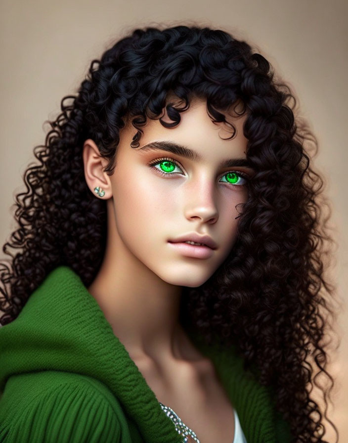 Portrait of person with voluminous curly hair and green eyes in green top.