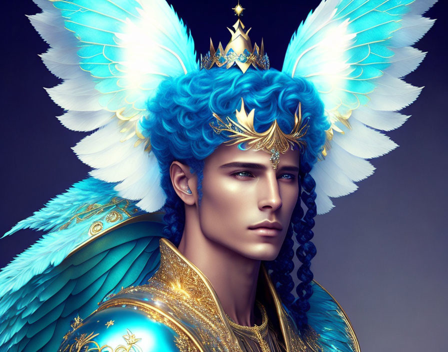 Fantasy character digital art portrait with blue feathered wings and golden crown