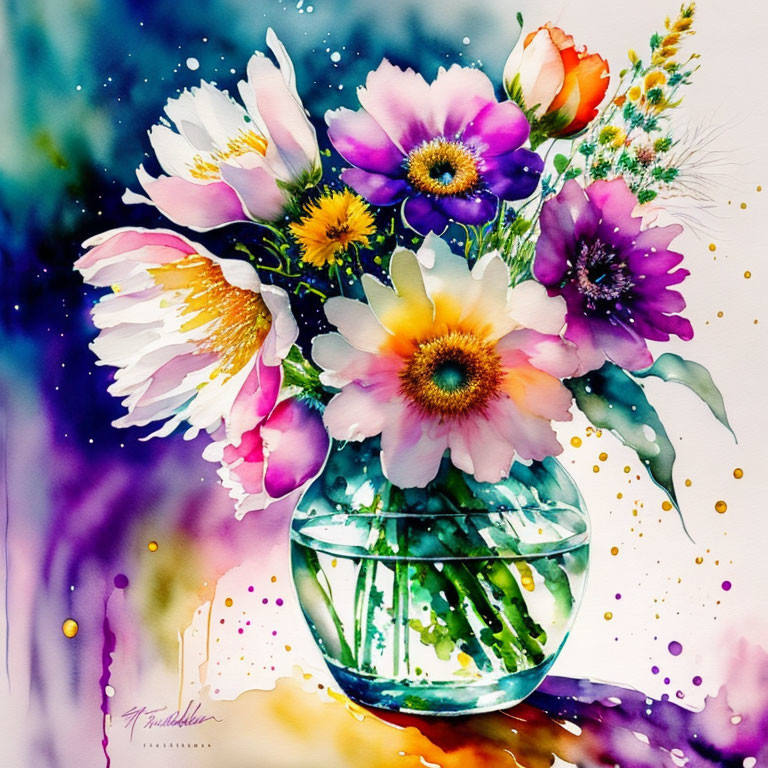 Colorful Watercolor Painting of Mixed Flower Bouquet in Glass Vase