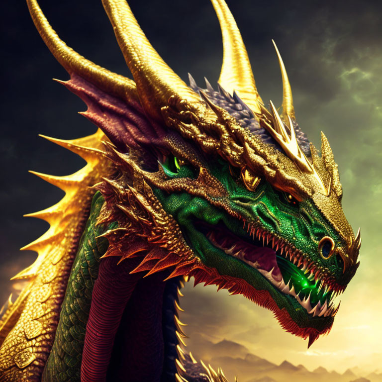 Detailed Digital Art: Multi-Headed Dragon in Green, Gold, and Blue Scales