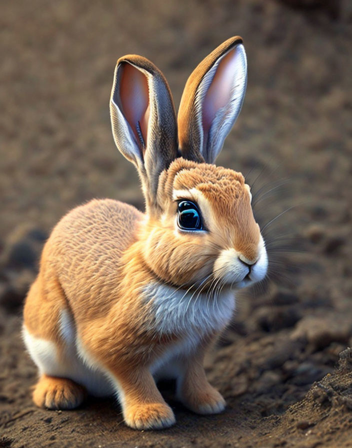Fluffy tan rabbit with blue eyes on soil