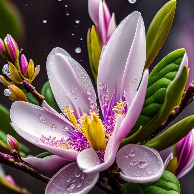 Blooming magnolia flower with water droplets on soft pink petals