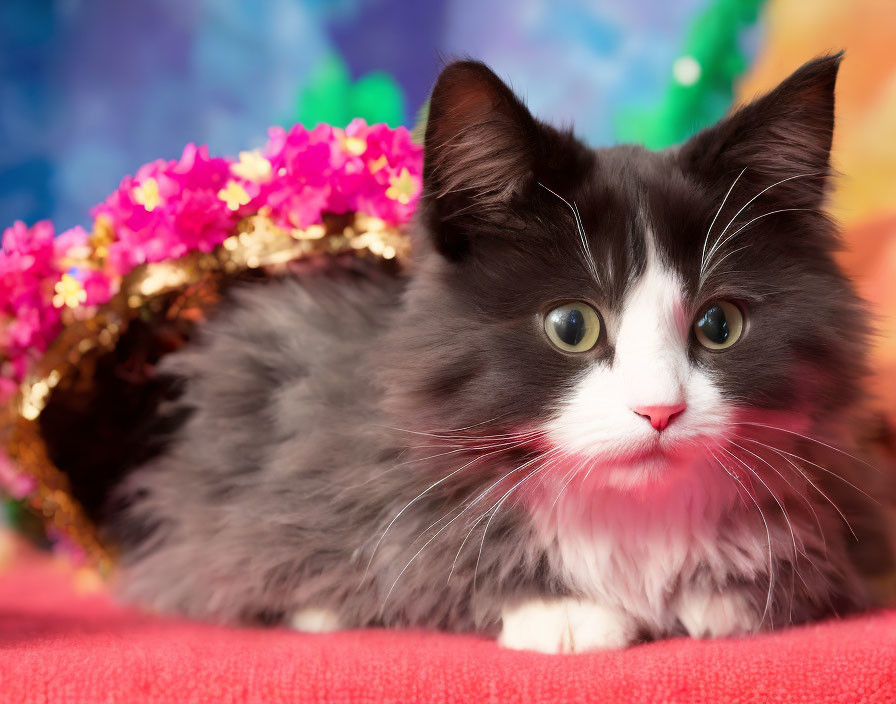 Fluffy black and white kitten with green eyes on colorful backdrop