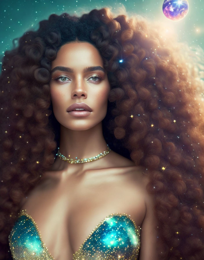 Curly-haired woman with cosmic makeup and starry adornments gazes against celestial backdrop