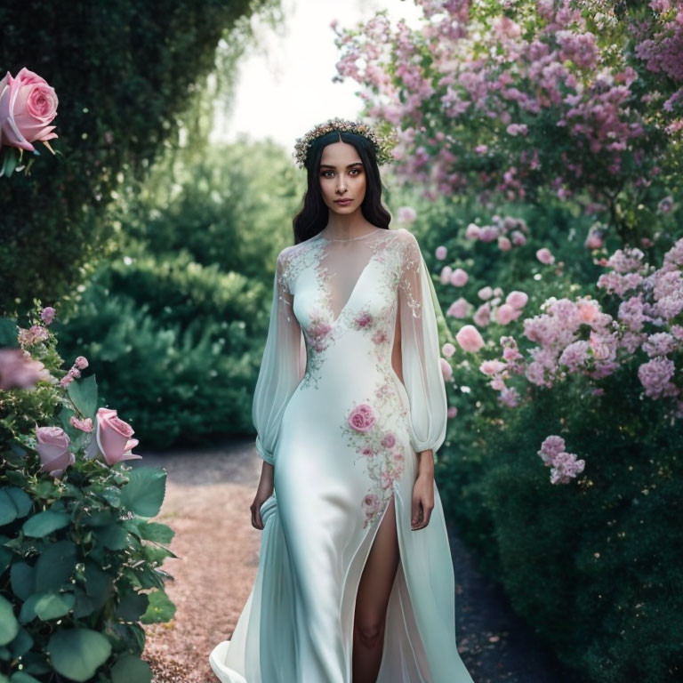 Woman in floral white gown with thigh-high slit in blooming garden path