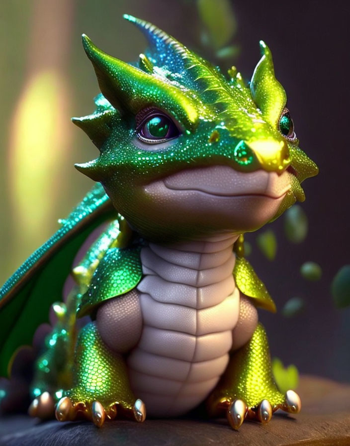 Detailed Green Dragon Figurine with Sparkling Scales and Purple Eyes