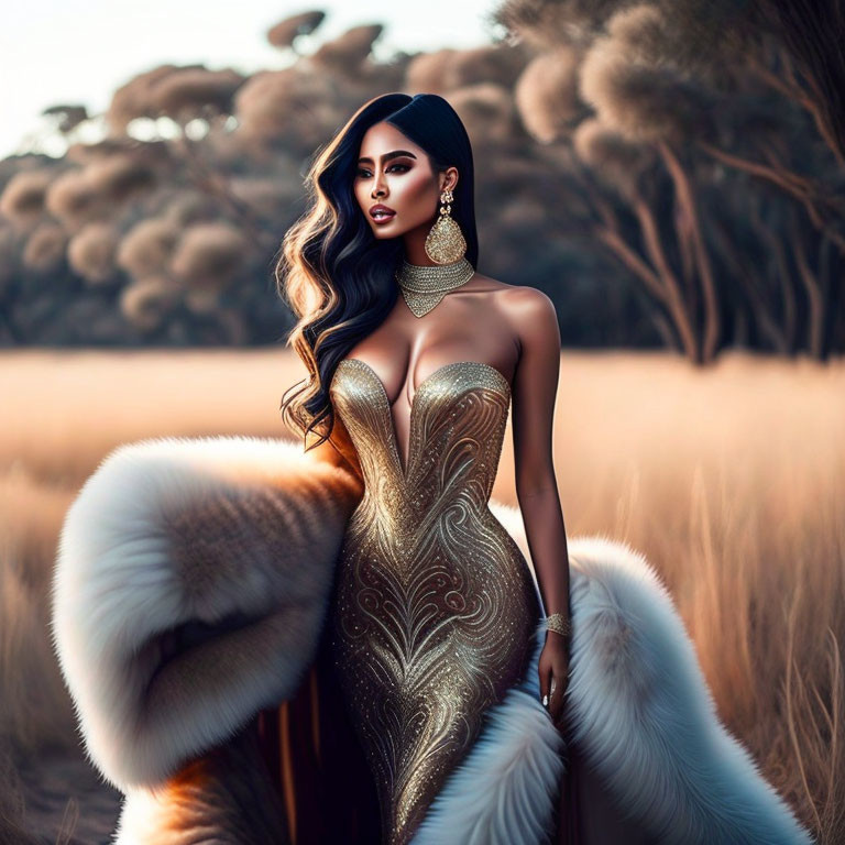 Illustrated woman in gold dress and fur coat in field with trees.