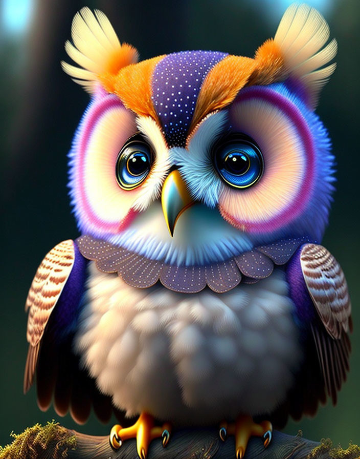 Vibrant digital artwork of stylized owl with blue eyes and intricate patterns.