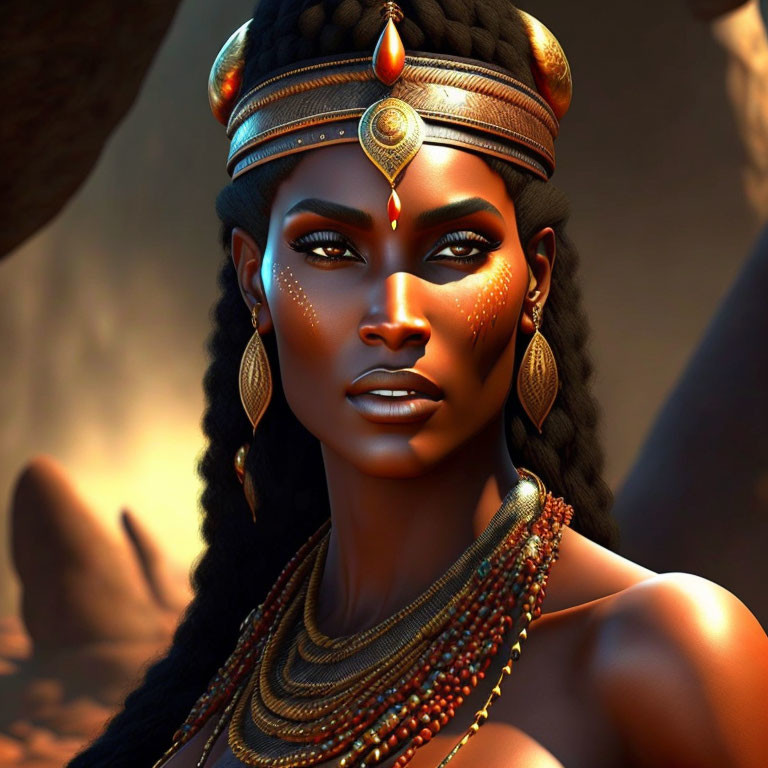 Dark-skinned woman adorned with golden jewelry in 3D-rendered image
