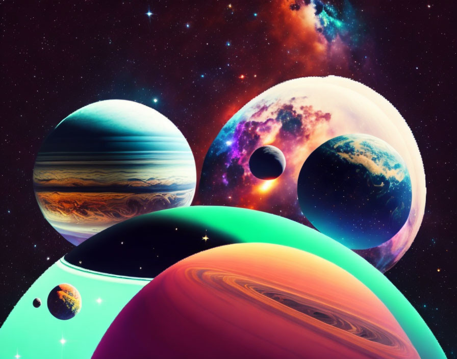 Colorful cosmic collage of planets and stars in digital art