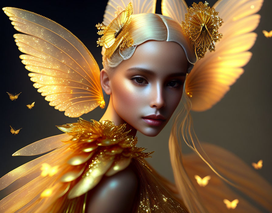Digital artwork: Woman with golden butterfly wings and ornate hair accessories
